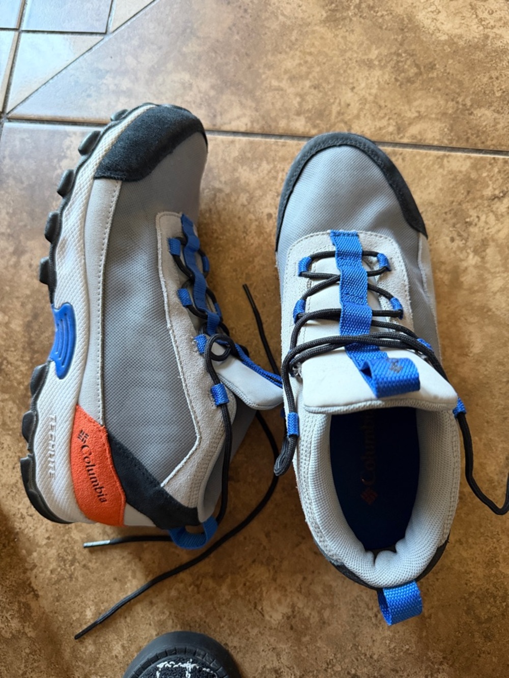 Columbia Gray and Blue Hiking Sneakers with Orange Accent